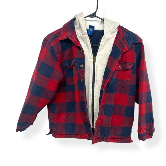OshKosh B'gosh Kids Flannel Shirt Jacket Hoodie Red Blue Size 10 - Picture 1 of 10